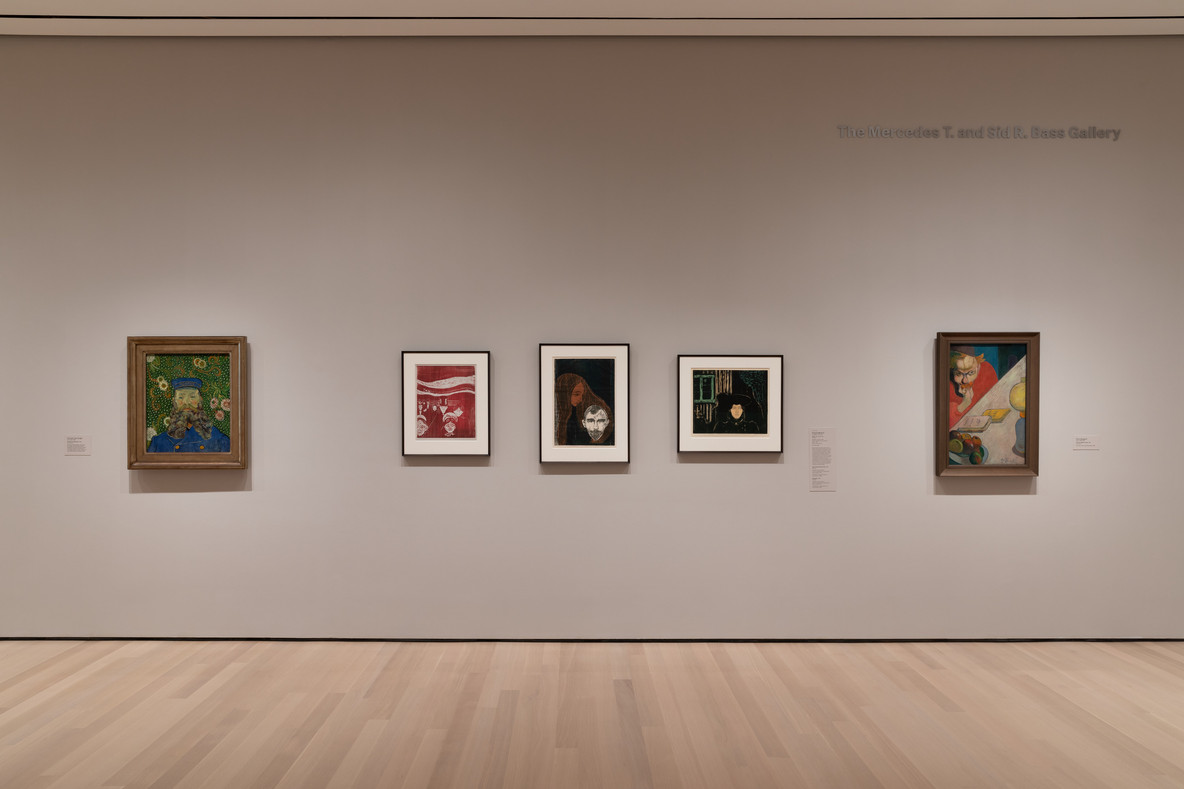 From left: Vincent van Gogh’s Portrait of Joseph Roulin (1889); Edvard Munch’s Angst (1896, signed 1897), Man’s Head in Woman’s Hair (Mannshode i Kvinnehår) (1896), and Moonlight I (Måneskinn I) (1896); and Paul Gauguin’s Portrait of Meijer de Haan (1889)