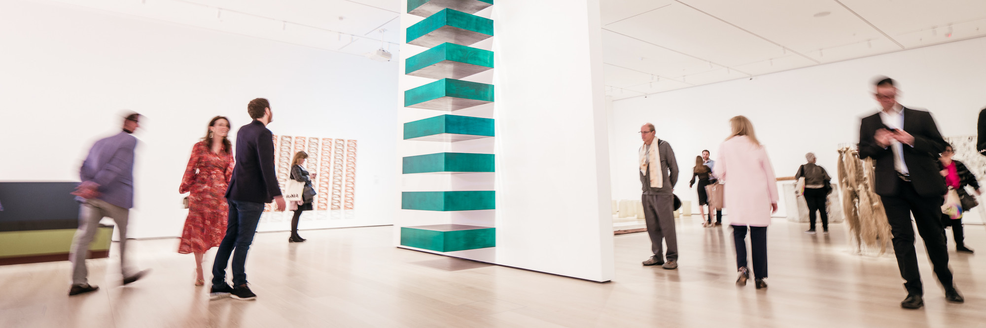 A view of the fourth-floor collection galleries. Shown: Donald Judd. Untitled. 1967. Lacquer on galvanized iron. Helen Acheson Bequest (by exchange) and gift of Joseph Helman. © 2019 Judd Foundation / Artists Rights Society (ARS), New York. Photo: Austin Donohue