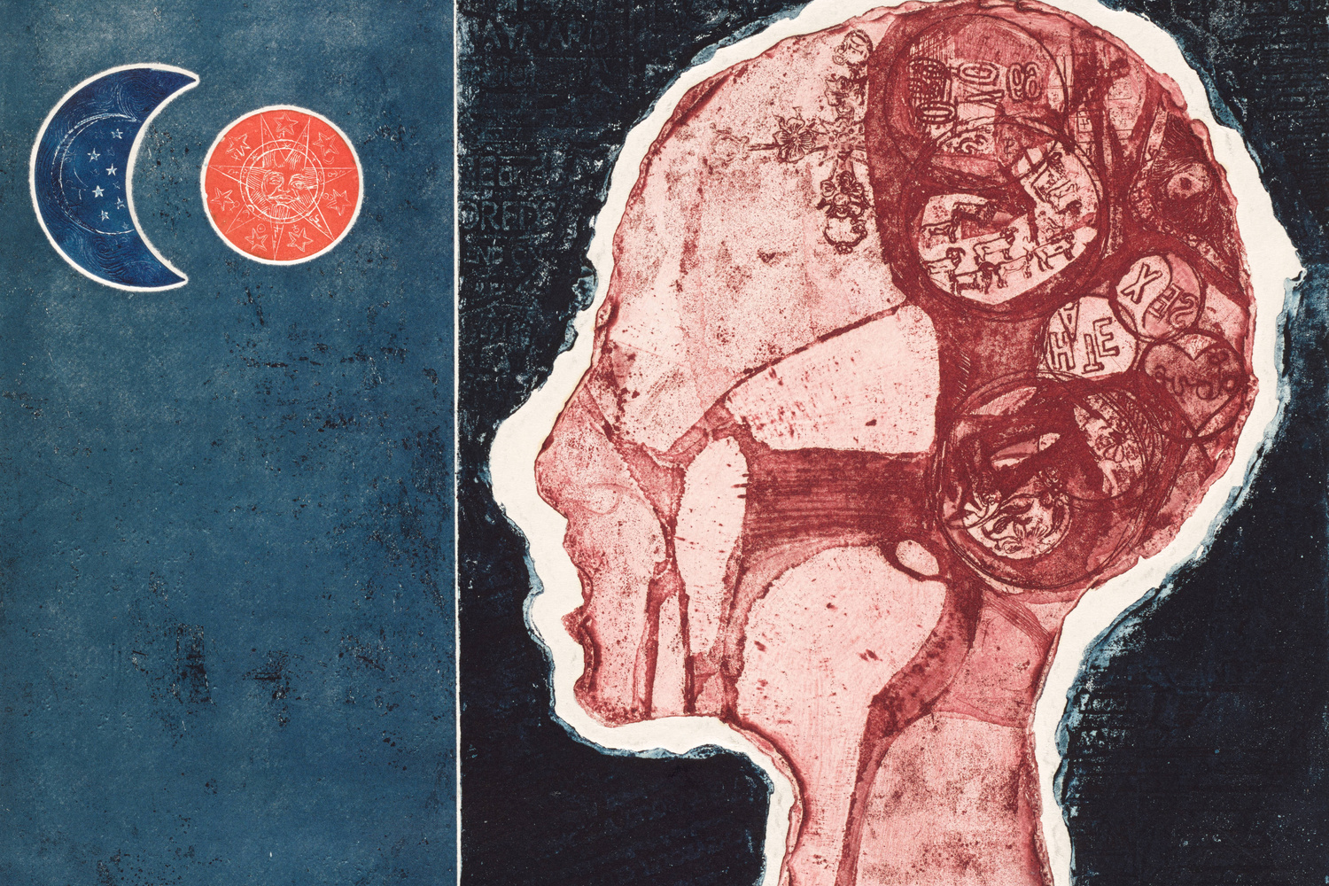 Betye Saar. Phrenology Man Digs Sol y Luna. 1966, Etching with relief-printed found objects, composition: 14 5/8 × 15" (37.1 × 38.1 cm); sheet (irreg.): 17 3/8 × 17 1/2" (44.1 × 44.5 cm). Publisher: the artist, Los Angeles. Printer: the artist, Los Angeles. Edition: planned edition of 20, five known impressions. Acquired through the generosity of The Friends of Education of The Museum of Modern Art in honor of Eric J. Barkley