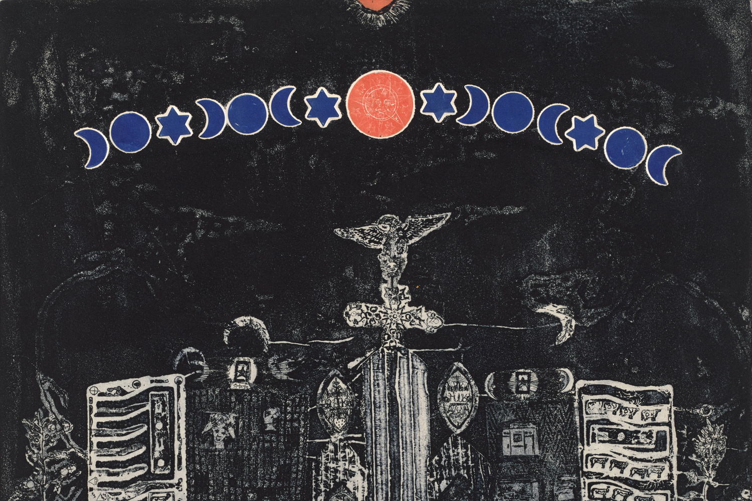 Betye Saar. Lo, The Mystique City. 1965. Etching and aquatint with relief-printed found objects, plate (irreg.): 18 1/2 × 19 13/16" (47 × 50.4 cm); sheet: 19 13/16 × 22 15/16" (50.3 × 58.3 cm). The Museum of Modern Art, New York. The Candace King Weir Endowment for Women Artists. © Betye Saar, courtesy of the artist and Roberts Projects, Los Angeles. Digital Image © 2019 The Museum of Modern Art, New York, Photo by Rob Gerhardt