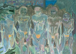 Michael Armitage. Nyali Beach Boys. 2016. Oil on Lubugo bark cloth, 96 7/16 × 92 1/2&#34; (245 × 235 cm). Dallas Museum of Art, TWO x TWO for AIDS and Art Fund