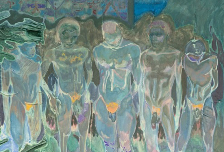 Michael Armitage. Nyali Beach Boys. 2016. Oil on Lubugo bark cloth, 96 7/16 × 92 1/2" (245 × 235 cm). Dallas Museum of Art, TWO x TWO for AIDS and Art Fund