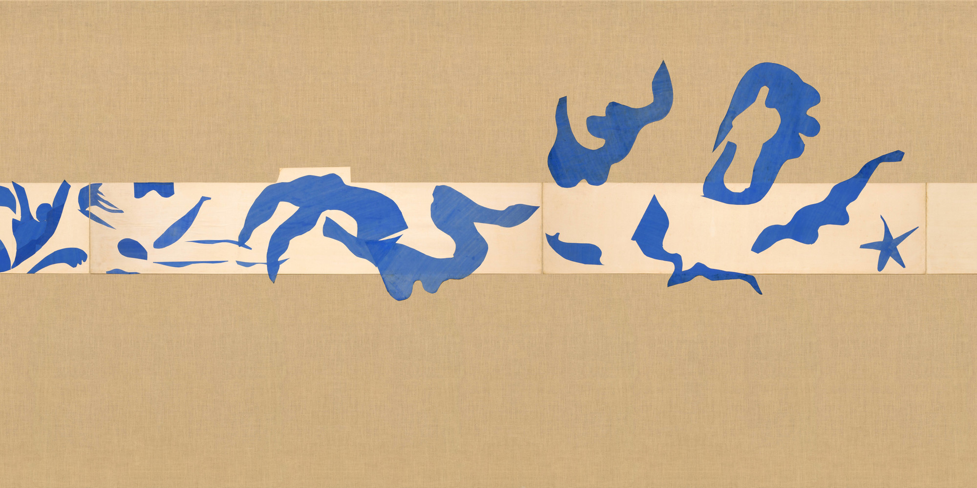 Henri Matisse. The Swimming Pool, Maquette for ceramic (realized 1999 and 2005). 1952. Gouache on paper, cut and pasted, on painted paper, overall 73" × 53' 11" (185.4 × 1643.3 cm). Installed as nine panels in two parts on burlap-covered walls 11' 4" (345.4 cm) high. Frieze installed at a height of 5' 5" (165 cm). Mrs. Bernard F. Gimbel Fund. Conservation was made possible by the Bank of America Art Conservation Project. © 2019 Succession H. Matisse/Artists Rights Society (ARS), New York