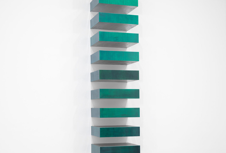 Donald Judd. Untitled. 1967. Lacquer on galvanized iron; 12 units, each 9 × 40 × 31″ (22.8 × 101.6 × 78.7 cm), installed vertically with 9″ (22.8 cm) intervals. The Museum of Modern Art, New York. Helen Acheson Bequest (by exchange) and gift of Joseph Helman. © 2019 Judd Foundation/Artists Rights Society (ARS), New York. Photo: John Wronn