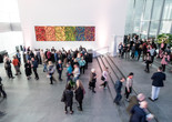 A view of the Agnes Gund Garden Lobby. Shown: Brice Marden. The Propitious Garden of Plane Image, Third Version. 2000–06. Oil on linen, six panels. Gift of Donald B. and Catherine C. Marron. © 2019 Brice Marden. Photo: Austin Donohue