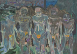 Michael Armitage. Nyali Beach Boys. 2016. Oil on Lubugo bark cloth, 96 7/16 × 92 1/2&#34; (245 × 235 cm). © Michael Armitage. Photo © White Cube (George Darrell)
