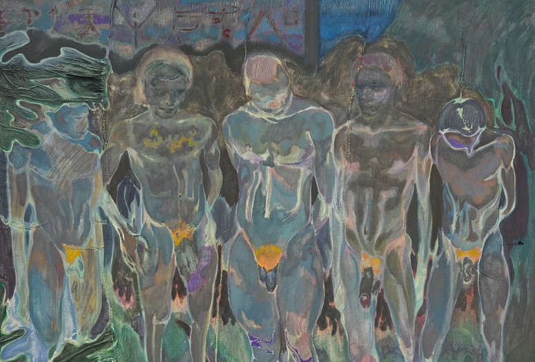 Michael Armitage. Nyali Beach Boys. 2016. Oil on Lubugo bark cloth, 96 7/16 × 92 1/2&#34; (245 × 235 cm). © Michael Armitage. Photo © White Cube (George Darrell)