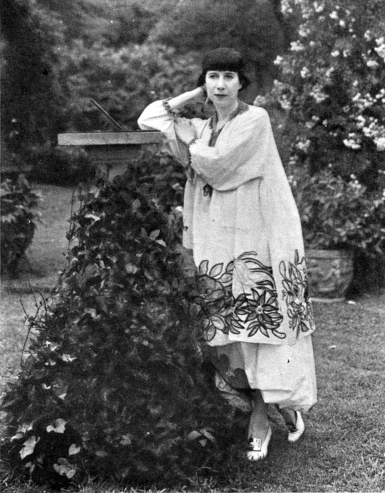Florine Stettheimer, American artist, in her Bryant Park garden c.1917-1920.