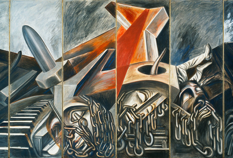 José Clemente Orozco. Dive Bomber and Tank. 1940. Fresco, six panels, each 9' × 36" (275 × 91.4 cm), overall 9 × 18' (275 × 550 cm). Commissioned through the Abby Aldrich Rockefeller Fund. © 2019 José Clemente Orozco/Artists Rights Society (ARS), New York/SOMAAP, Mexico