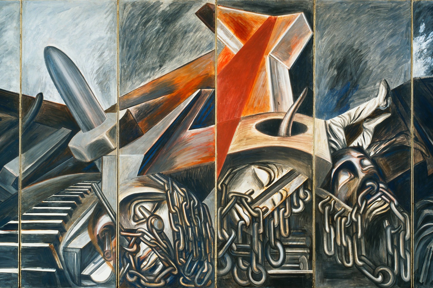 José Clemente Orozco. Dive Bomber and Tank. 1940. Fresco, six panels, each 9' × 36" (275 × 91.4 cm), overall 9 × 18' (275 × 550 cm). Commissioned through the Abby Aldrich Rockefeller Fund. © 2019 José Clemente Orozco/Artists Rights Society (ARS), New York/SOMAAP, Mexico