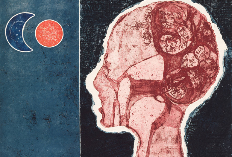 Betye Saar. <em>Phrenology Man Digs Sol y Luna</em>. 1966, Etching with relief-printed found objects, composition: 14 5/8 × 15" (37.1 × 38.1 cm); sheet (irreg.): 17 3/8 × 17 1/2" (44.1 × 44.5 cm). Publisher: the artist, Los Angeles. Printer: the artist, Los Angeles. Edition: planned edition of 20, five known impressions. Acquired through the generosity of The Friends of Education of The Museum of Modern Art in honor of Eric J. Barkley