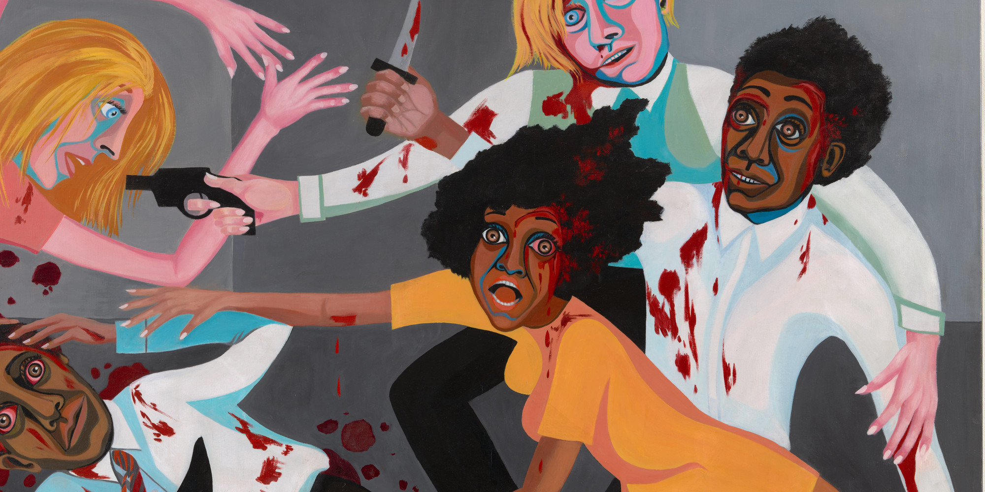 Faith Ringgold. American People Series #20: Die (detail). 1967. Oil on canvas, two panels, 72 × 144" (182.9 × 365.8 cm). Acquired through the generosity of The Modern Women's Fund, Ronnie F. Heyman, Eva and Glenn Dubin, Lonti Ebers, Michael S. Ovitz, Daniel and Brett Sundheim, and Gary and Karen Winnick