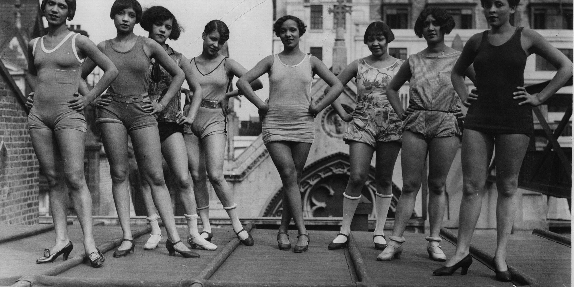A photo featured in Wayward Lives, Beautiful Experiments: Champion Charleston dancer Gwendolyn Graham with the chorus of the revue Blackbirds taking part in their first rehearsal on the roof of the Pavilion Theater in London in 1928. Photo by General Photographic Agency/Getty Images