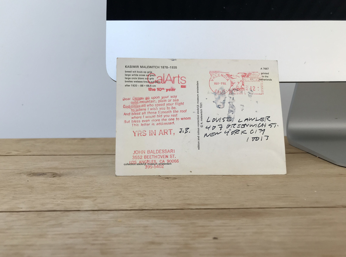 Postcard to Louise Lawler from John Baldessari
