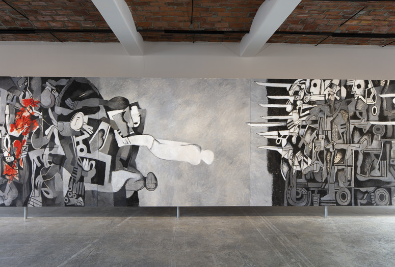 Installation view of Dia al-Azzawi, Mission of Destruction (2019) on view in the exhibition Theater of Operations: The Gulf Wars 1991–2011 at MoMA PS1, New York from November 3, 2019 to March 1, 2020. Photo by Matthew Septimus.