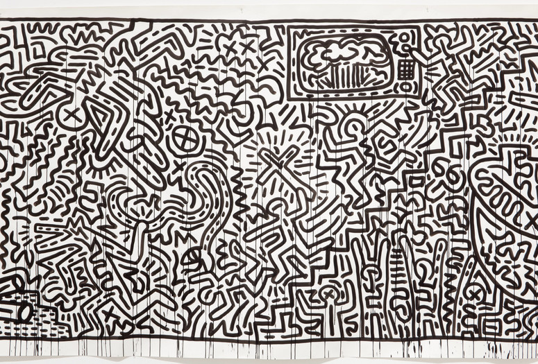 Keith Haring. Untitled. 1982. Ink on two sheets of paper. Sheet: 72 x 671 1/2" (182.9 x 1705.6cm), Part (panel a): 72 x 360 3/4" (182.9 x 916.3 cm), Part (panel b): 72 x 310 1/4" (182.9 x 788 cm). © 2019 The Keith Haring Foundation
