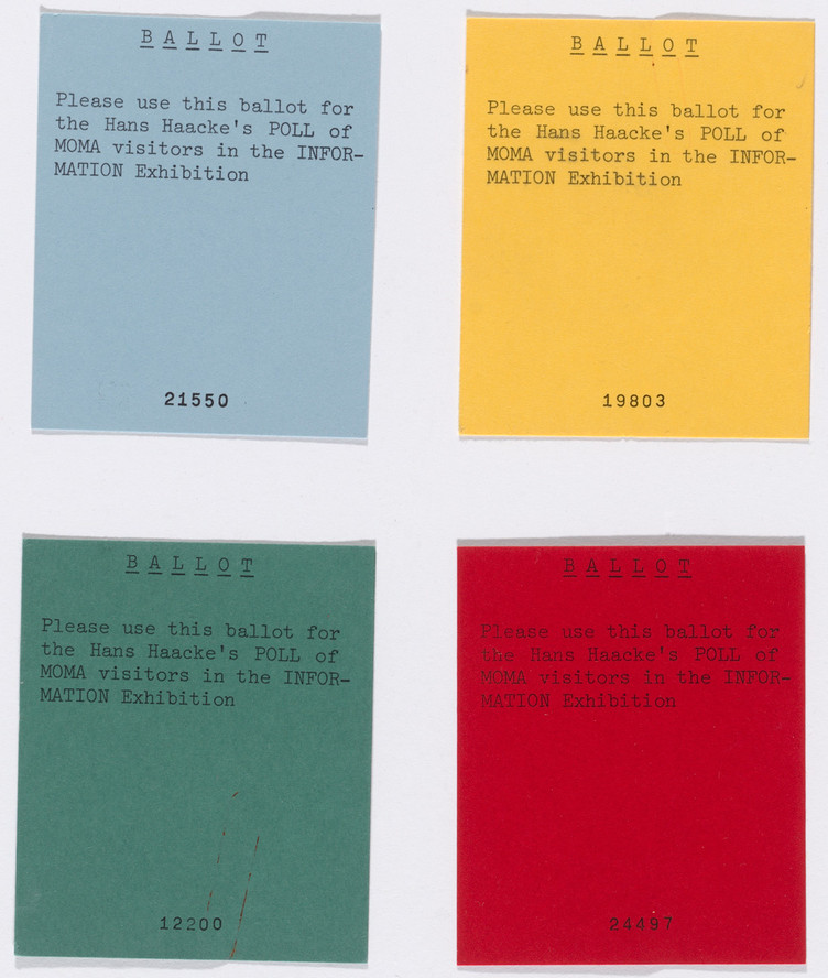 Four ballots used for Hans Haacke’s Poll of MoMA Visitors