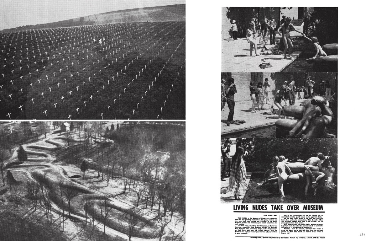 Newspaper spread for Information catalogue, featuring Yayoi Kusama’s Grand Orgy in the Garden