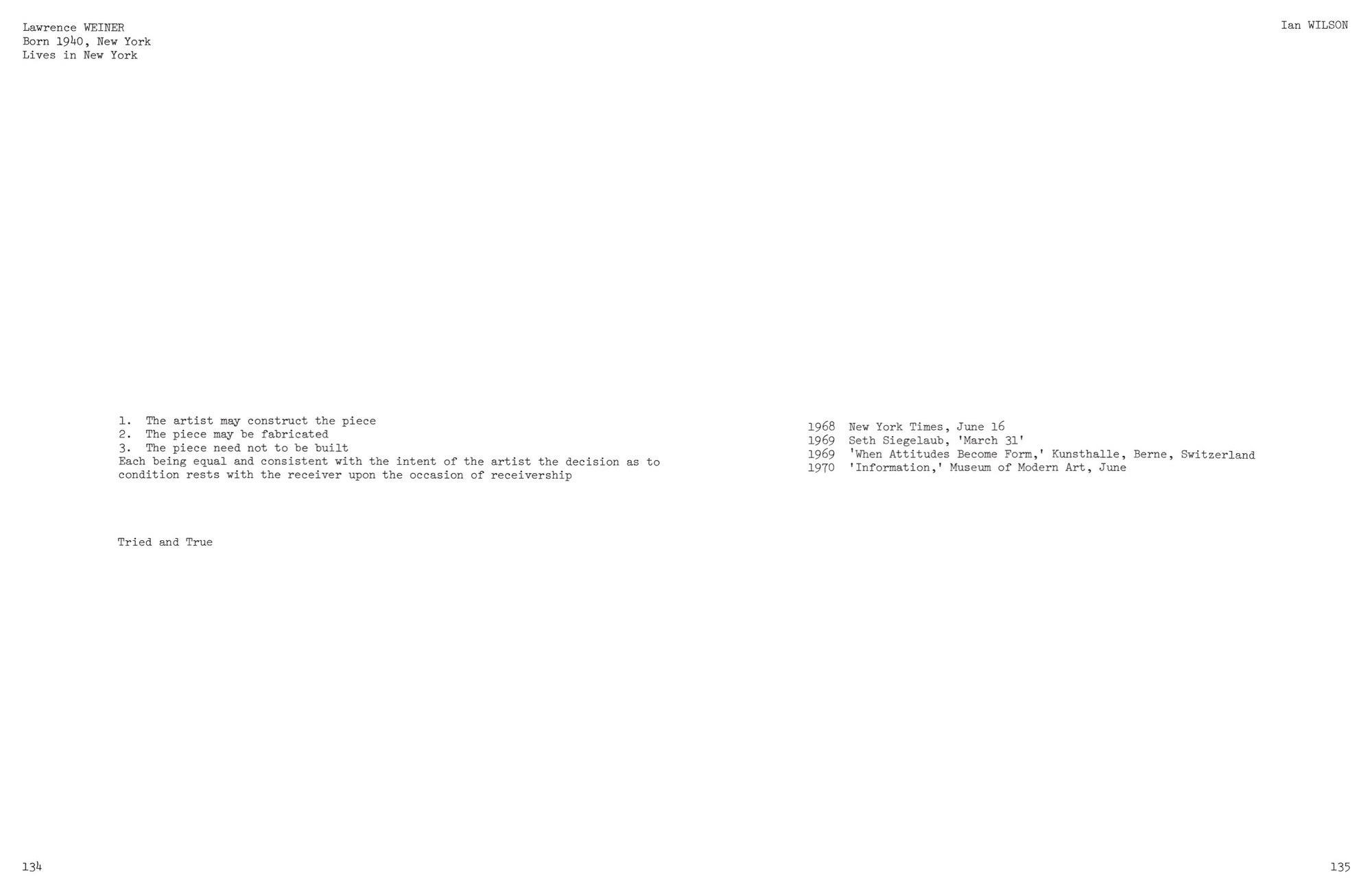 Lawrence Weiner’s 1970 catalogue submission for Information