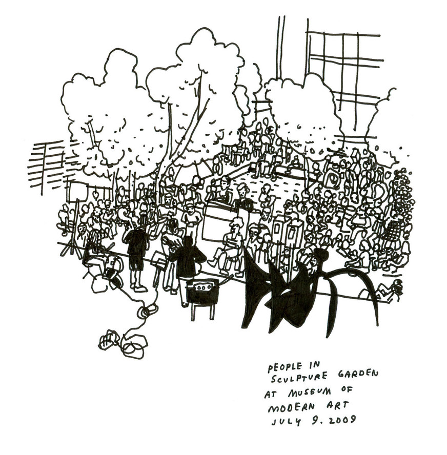 Jason Polan. People in the Sculpture Garden at The Museum of Modern Art, July 9, 2009