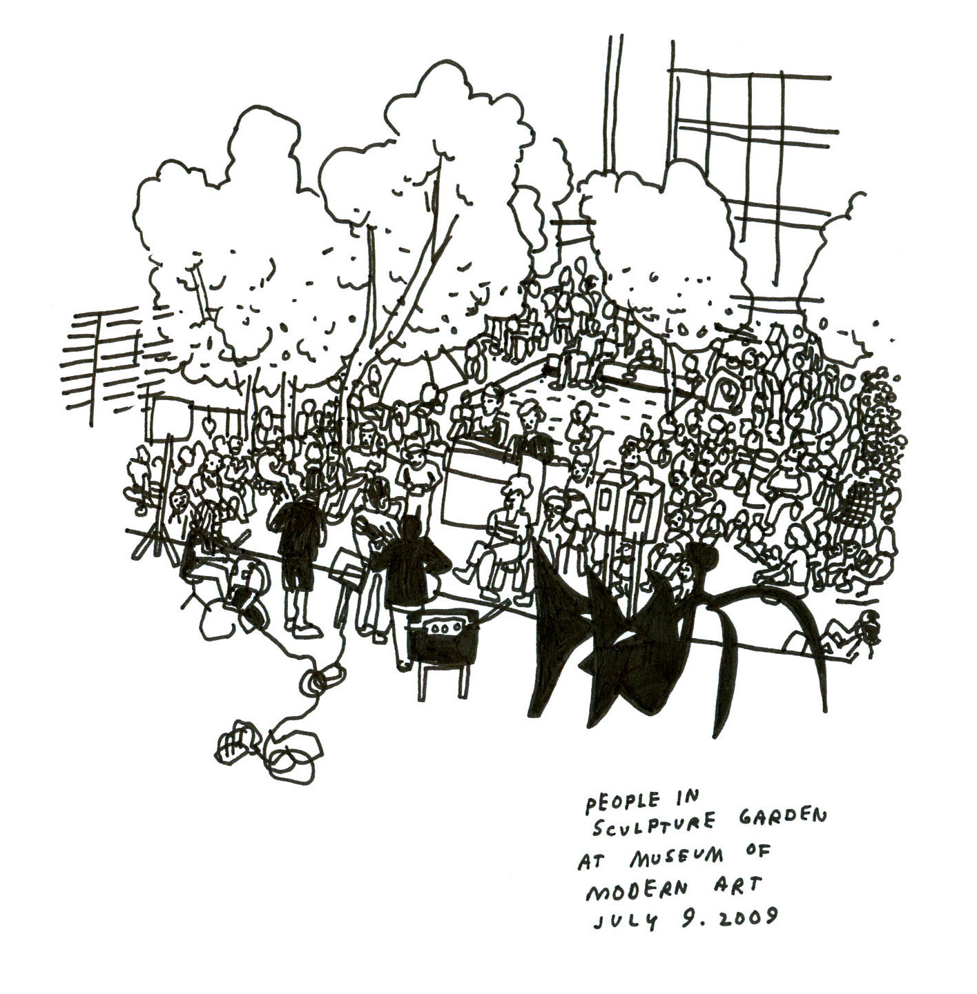Jason Polan. People in the Sculpture Garden at The Museum of Modern Art, July 9, 2009