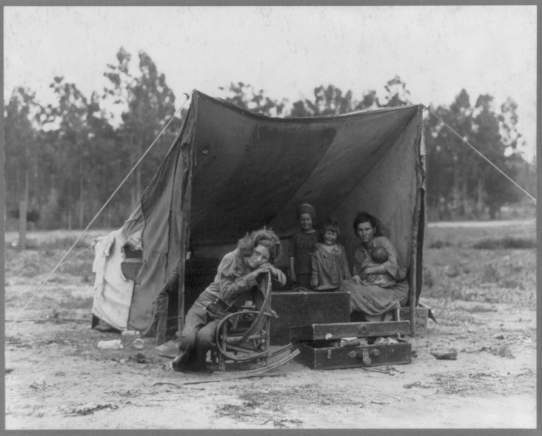 Dorothea Lange. “Nipomo, Calif. March 1936. Migrant agricultural worker’s family. Seven hungry children and their mother, aged 32. The father is a native Californian.”