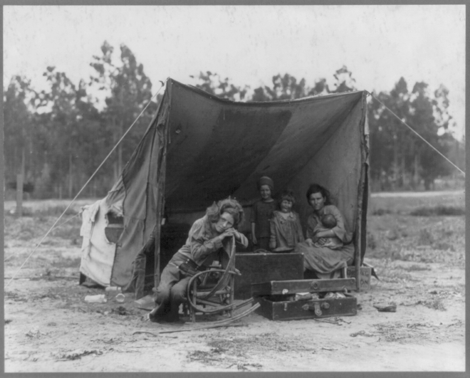 Dorothea Lange. “Nipomo, Calif. March 1936. Migrant agricultural worker’s family. Seven hungry children and their mother, aged 32. The father is a native Californian.”