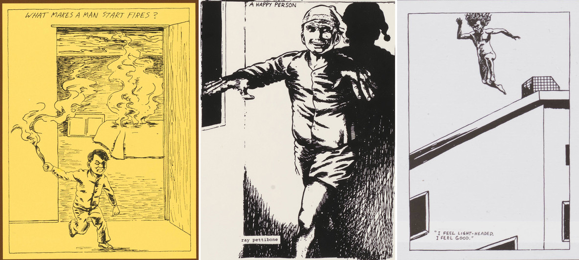 Pettibon drawings on Minutemen LPs, from left: the cover image of What Makes a Man Start Fires? (1983), a detail from the back cover of Buzz or Howl Under the Influence of Heat (1983), and a detail from the gatefold of Double Nickels on the Dime (1984)