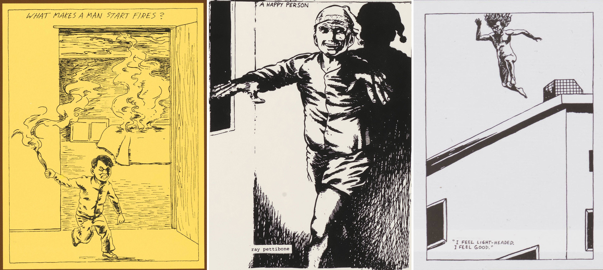 Pettibon drawings on Minutemen LPs, from left: the cover image of What Makes a Man Start Fires? (1983), a detail from the back cover of Buzz or Howl Under the Influence of Heat (1983), and a detail from the gatefold of Double Nickels on the Dime (1984)