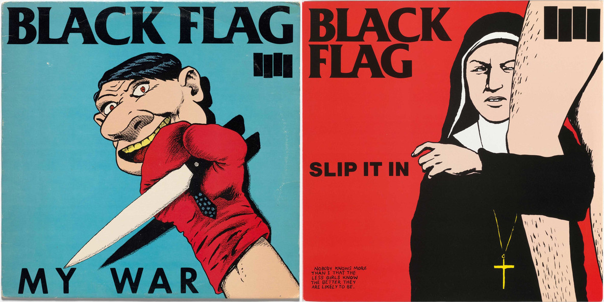 Pettibon on Black Flag LP covers, from left: My War and Slip It In (both 1984)