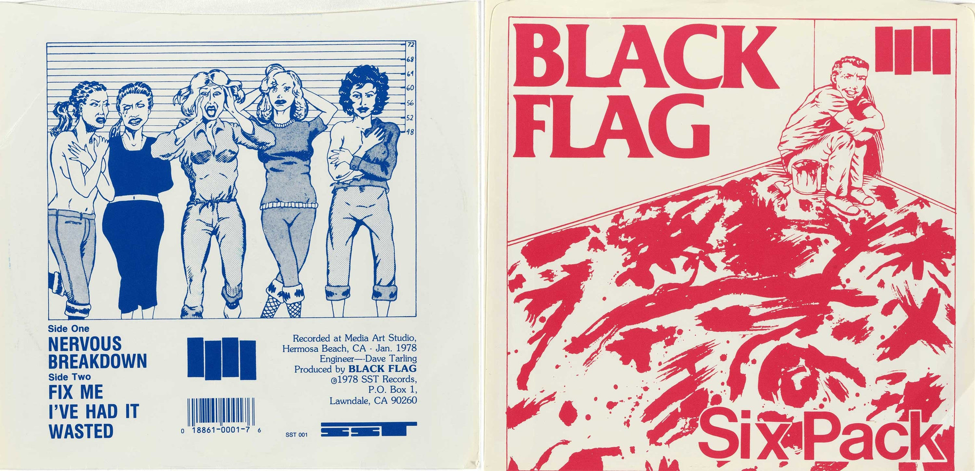 Raymond Pettibon’s drawings on Black Flag 7" singles: from left, the back cover of “Nervous Breakdown” (1978) and the cover of “Six Pack” (1981)