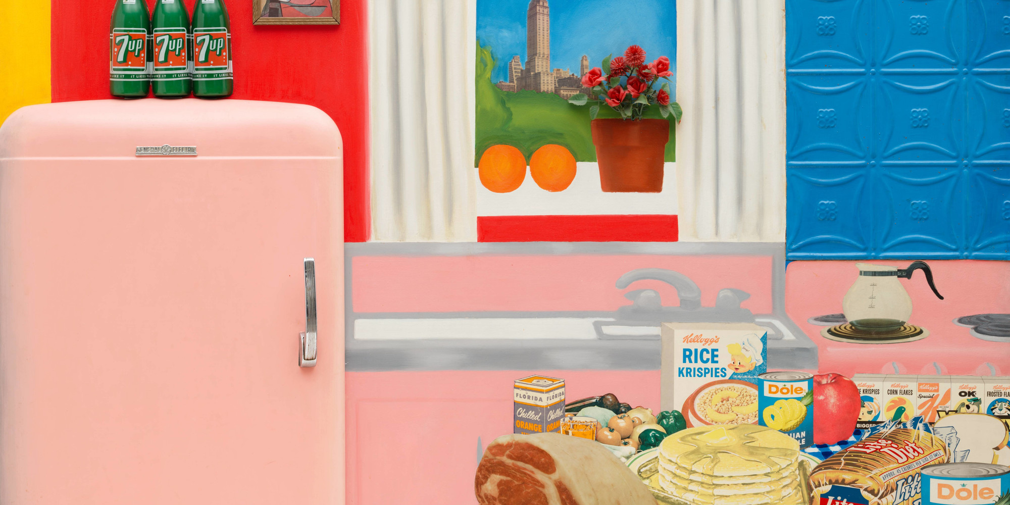 Tom Wesselmann. Still Life #30. 1963. Oil, enamel and synthetic polymer paint on composition board with collage of printed advertisements, plastic flowers, refrigerator door, plastic replicas of 7-Up bottles, glazed and framed color reproduction, and stamped metal, 48 1/2 × 66 × 4&#34; (122 x 167.5 x 10 cm). Gift of Philip Johnson. © Tom Wesselmann/Licensed by VAGA, New York, NY