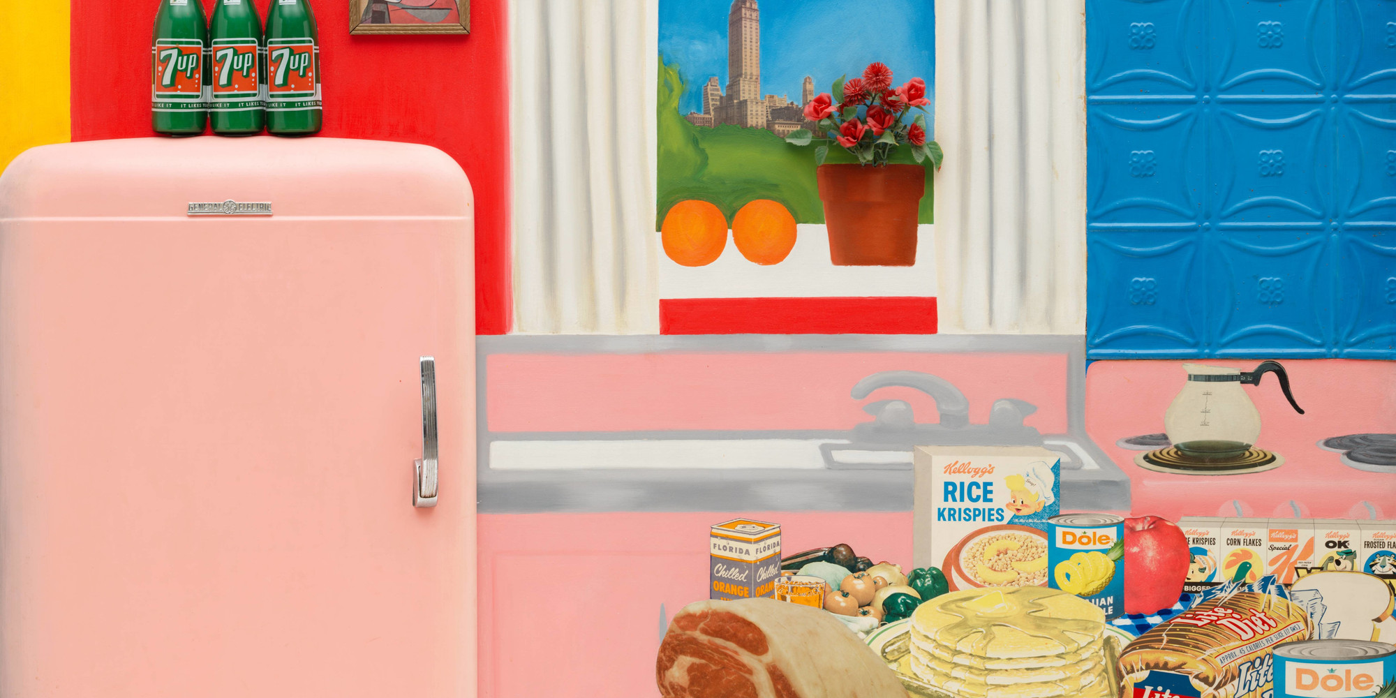 Tom Wesselmann. Still Life #30. 1963. Oil, enamel and synthetic polymer paint on composition board with collage of printed advertisements, plastic flowers, refrigerator door, plastic replicas of 7-Up bottles, glazed and framed color reproduction, and stamped metal, 48 1/2 × 66 × 4" (122 x 167.5 x 10 cm). Gift of Philip Johnson. © Tom Wesselmann/Licensed by VAGA, New York, NY