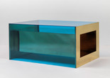 Donald Judd. Untitled. 1973. Brass and blue Plexiglas, 33 × 68 × 48&#34; (83.8 × 172.7 × 121.9 cm). Solomon R. Guggenheim Museum, New York, Panza Collection, 1991. © 2020 Judd Foundation/Artists Rights Society (ARS), New York
