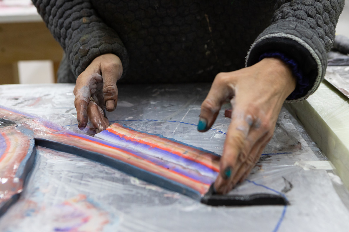 Kerstin Brätsch working on Fossil Psychics for Christa, 2019. Photo: Daniele Molajoli