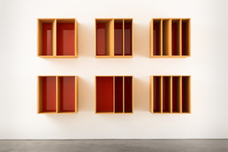 Donald Judd. Untitled. 1986. Douglas Fir plywood and orange Plexiglas. 6 units, each: 39 3/8 × 39 3/8 × 19 11/16" (100 × 100 × 50 cm) with 19 11/16"(50 cm) intervals. Overall: 98 1/2 x 157 5/8 x 29 1/2" (250.2 x 400.4 x 74.9). Marieluise Hessel Collection, Hessel Museum of Art, Center for Curatorial Studies, Bard College, Annandale-on-Hudson, New York. © 2020 Judd Foundation / Artists Rights Society (ARS), New York
