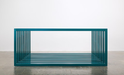Donald Judd. Untitled. 1966. Turquoise enamel on aluminum. 10 units, each: 48 × 120 × 6 5/8" (121.9 × 304.8 × 16.8 cm), with 6" (15.2 cm) intervals. Overall: 48 × 120 × 120" (121.9 × 304.8 × 304.8 cm). Whitney Museum of American Art, New York. Gift of Howard and Jean Lipman. © 2020 Judd Foundation / Artists Rights Society (ARS), New York