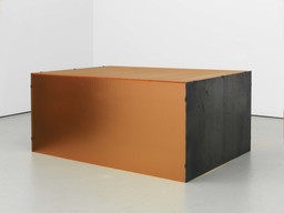 Donald Judd. Untitled. 1964. Orange pebbled Plexiglas and hot-rolled steel. 20 × 45 3/8 × 31" (50.8 × 115.3 × 78.7 cm). Stephen Flavin, Garrison. © 2020 Judd Foundation / Artists Rights Society (ARS), New York