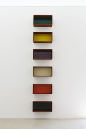 Donald JuddUntitled. 1992. Cor-Ten steel and green, yellow, purple, ivory, orange, and black acrylic sheets. Six units, each 19 11⁄16 × 39 3 × 19 11⁄16" (50 × 100 × 50 cm). Artworkers Retirement Society. © 2020 Judd Foundation / Artists Rights Society (ARS), New York