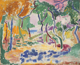 Henri Matisse. Landscape near Collioure (study for The Joy of Life). 1905. Oil on canvas. 18 1/8 × 21 5/8" (46 × 55 cm). Statens Museum for Kunst, Copenhagen. © SMK Photo/Jacob Schou-Hansen. © 2020 Succession H. Matisse / Artists Rights Society (ARS), New York
