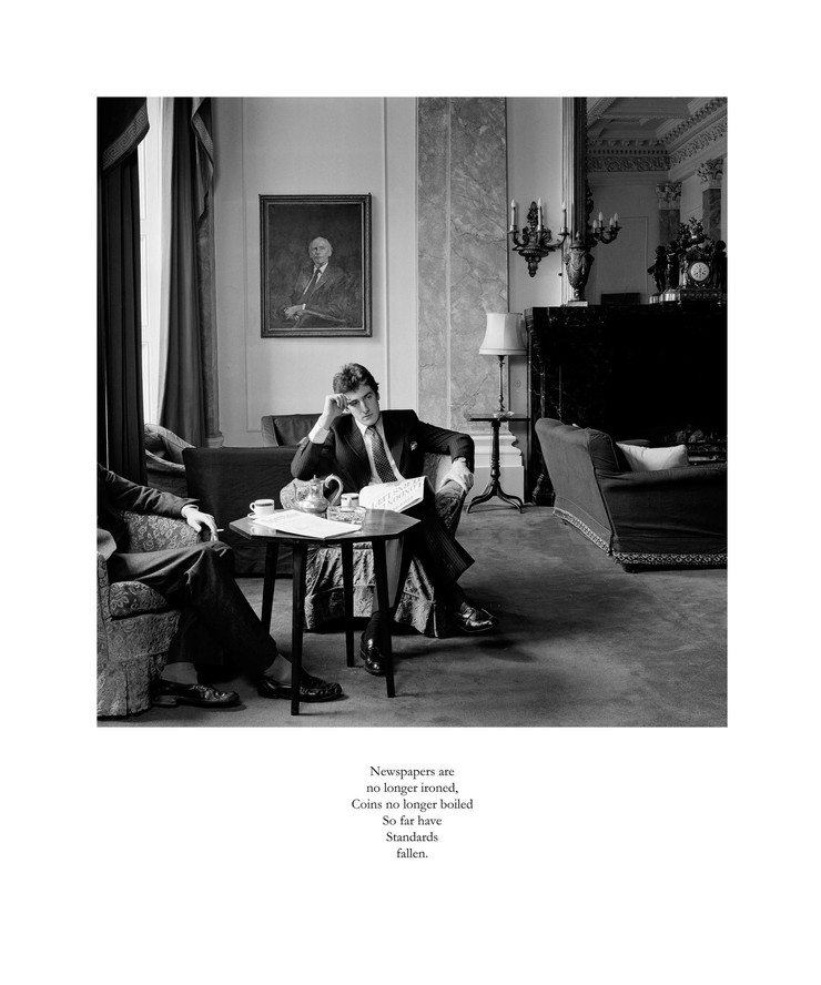 Karen Knorr. Newspapers are no longer ironed, Coins no longer boiled So far have Standards fallen, from the series Gentlemen. 1981–83