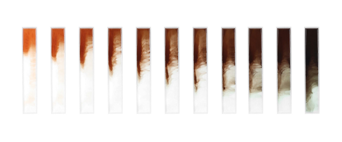 Neri Oxman and The Mediated Matter Group. Totems. 2018. Melanins are a group of pigments ranging in color from yellow to brown. The term “melanin” often refers to eumelanin, a particular type that is brown-black in color. However, other types, such as pheomelanin (yellow-red in color), also exist. This “library” represents the diversity of melanin, and includes constituent components of the reaction as well as melanin-containing natural materials, such as feathers and cuttlefish ink