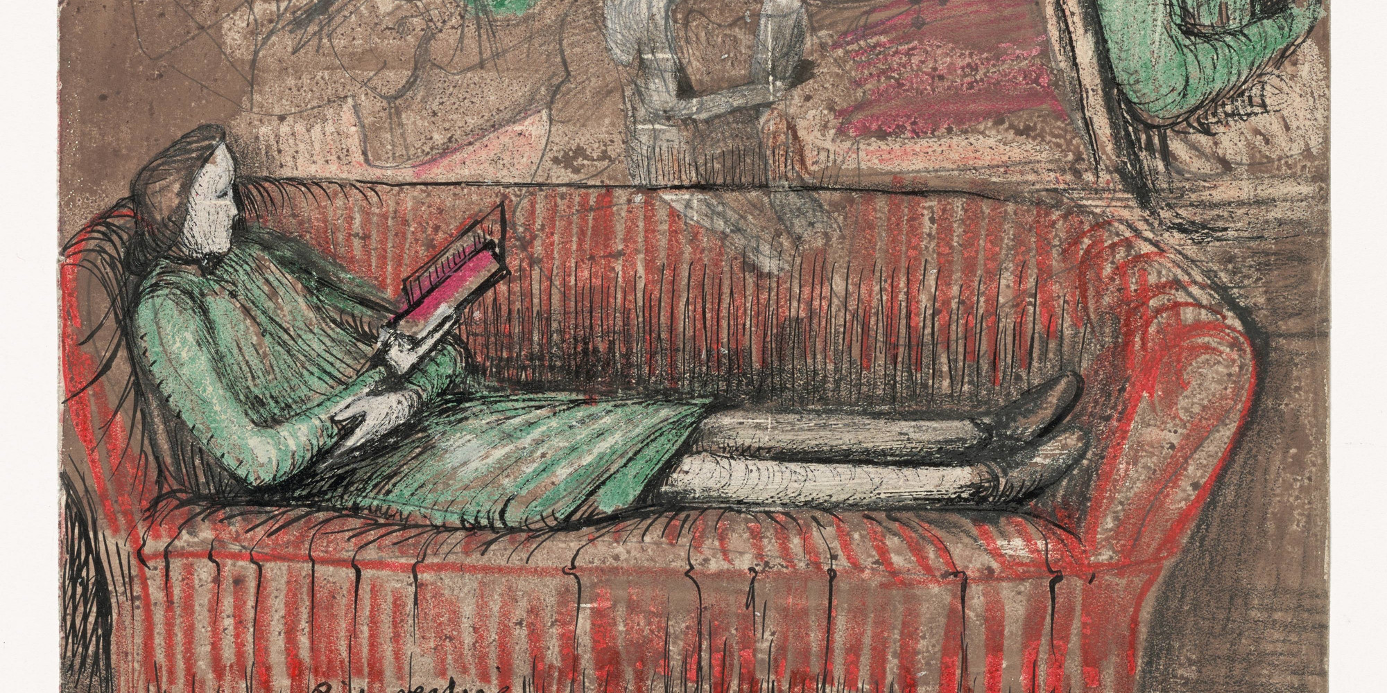 Henry Moore. Girl Reading. 1947. Watercolor, ink, crayon, and pencil on paper, 11 1/2 × 9 1/2&#34; (29.2 × 24.1 cm). The Joan and Lester Avnet Collection. © 2020 Artists Rights Society (ARS), New York/DACS, London
