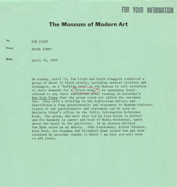 Memorandum Bates Lowry to Museum Staff, April 16, 1969