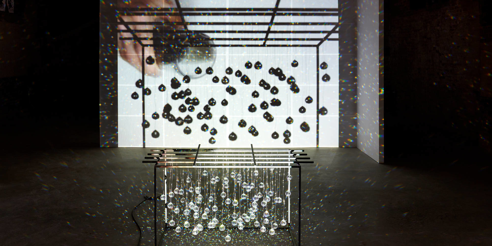 Joan Jonas. Reanimation. 2010/2012/2013. Four videos (color, sound and silent) on custom screens within a prefabricated house structure, two custom benches (made by Ed Gavagan), and crystal sculpture; two wooden theater boxes with video (color, sound and silent); fifteen ink drawings on paper; three oil stick drawings on paper, and two china marker wall drawings. Soundtrack and voice: Joan Jonas. Sami yoik singing: Ánde Somby. Piano and additional sound effects: Jason Moran. Musician: Ánde Somby. Dimensions variable. Acquired in part through The Modern Women’s Fund. © 2020 Joan Jonas
