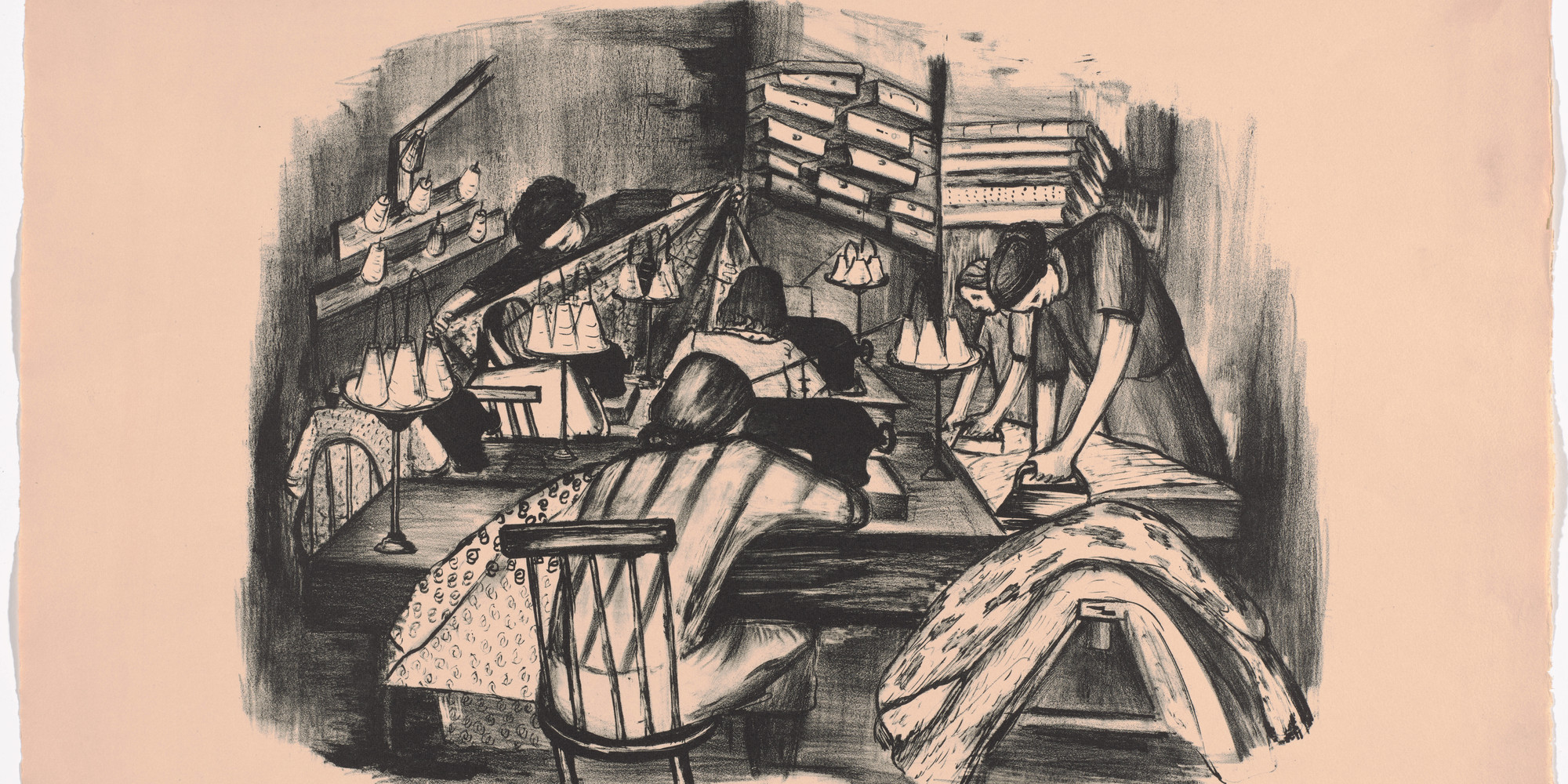 Riva Helfond. Curtain Factory. c. 1936–39. Lithograph. Publisher and printer: Works Progress Administration (WPA), Federal Art Project, New York. Edition: probably fewer than 25. composition (irreg.): 12 1/16 × 16 1/4" (30.6 × 41.3 cm); sheet: 15 15/16 × 22 13/16" (40.5 × 58 cm). Extended loan from the United States WPA Art Program. Fine Arts Collection, Public Buildings Service, General Services Administration