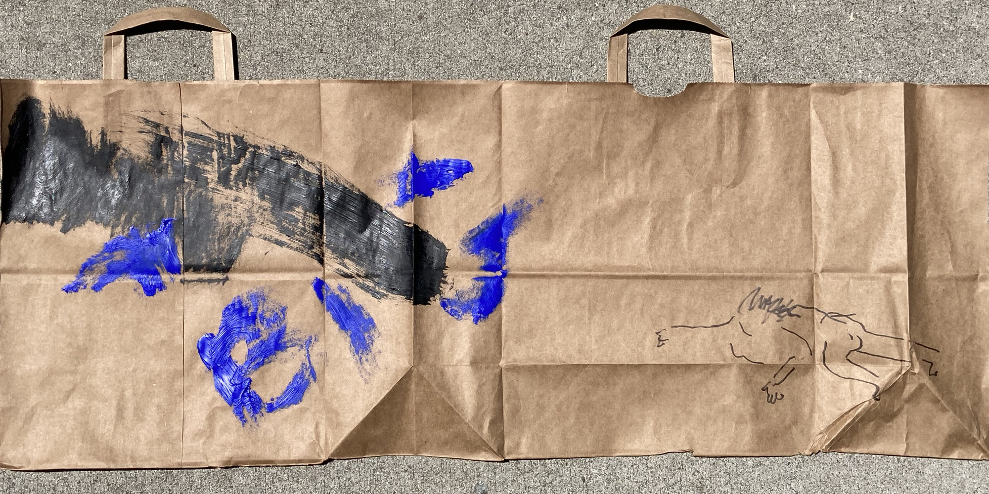 Simone Forti. Figure Bag Drawing. 2020. Acrylic and pen on grocery bag. Courtesy the artist