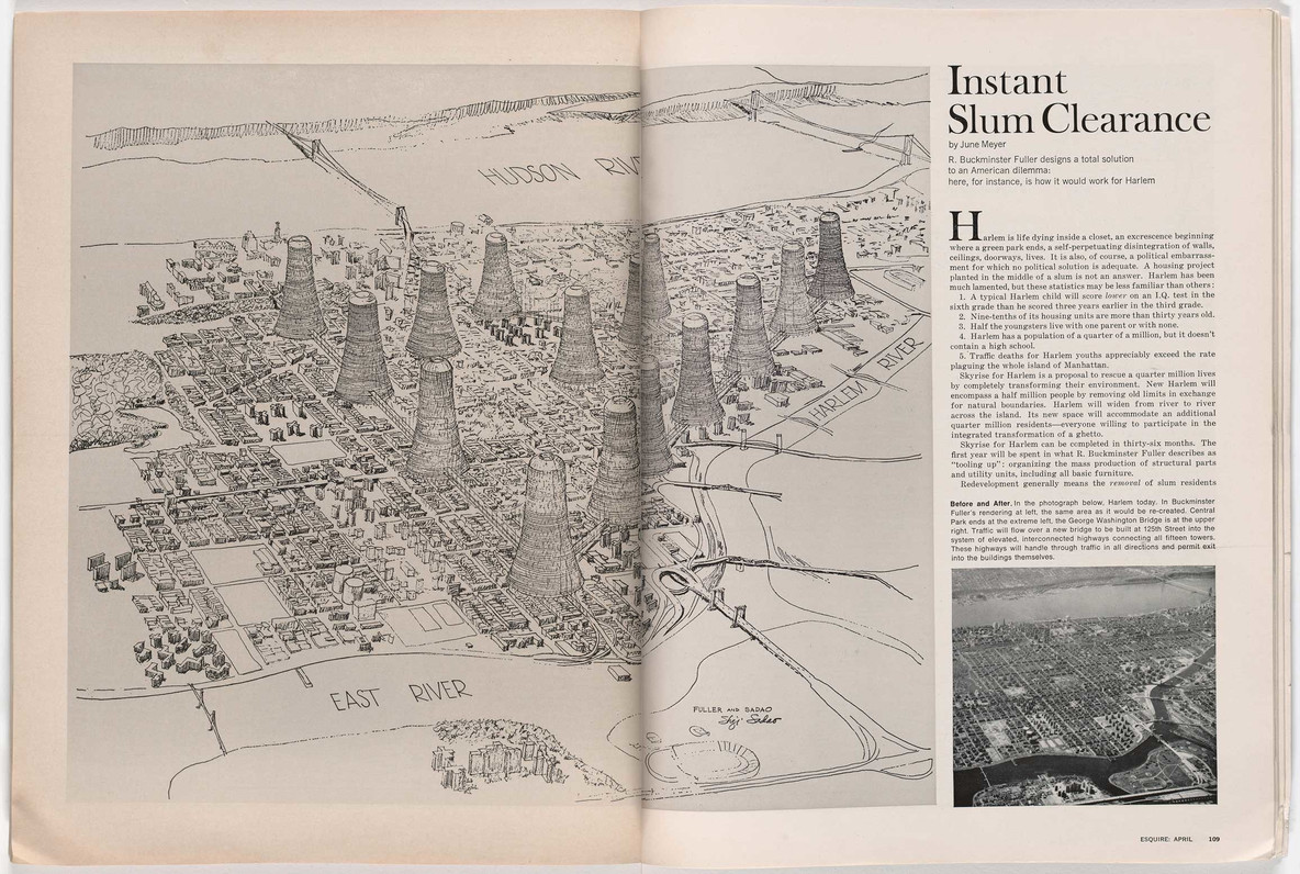 June Jordan and R. Buckminster Fuller, Skyrise to Harlem, 1965; reproduced in June Meyer, “Instant Slum Clearance,” Esquire 63, no. 4 (April 1965)