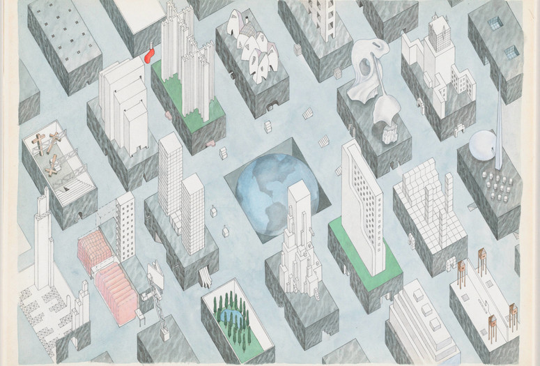 Rem Koolhaus. The City of the Captive Globe Project, New York, New York Axonometric. 1972. Gouache and graphite on paper. The Museum of Modern Art, New York. Gift of The Howard Gilman Foundation.