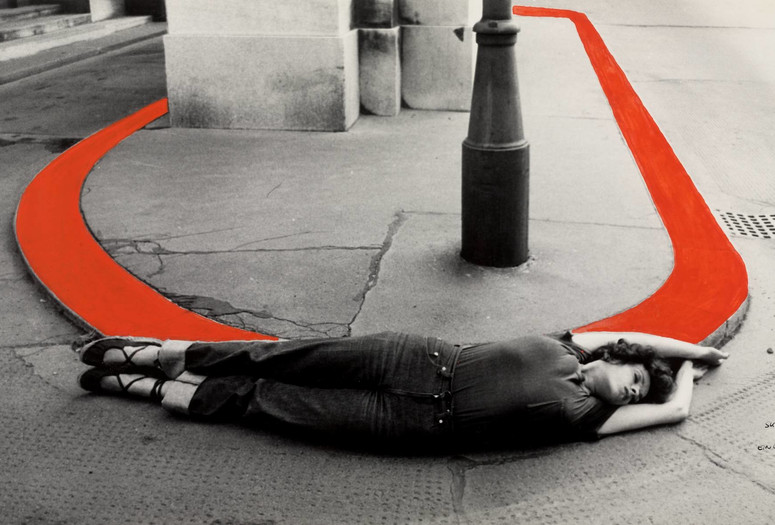 VALIE EXPORT (Austrian, born 1940). Encirclement from the series Body Configurations. 1976.
Gelatin silver print with red ink, 14 x 23 7/16". The Museum of Modern Art, New York. Carl Jacobs Fund. © 2020 VALIE EXPORT / Artists Rights Society (ARS), New York / VBK, Austria